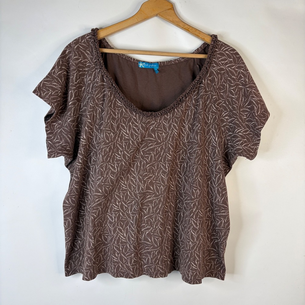 Fresh Produce Top Women 3X Brown Leaf Print Ruffle Scoop Neck Short Sleeve